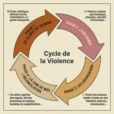 Schéma explicatif des 4 étapes du cycle de la violence relationnelle et de l'emprise